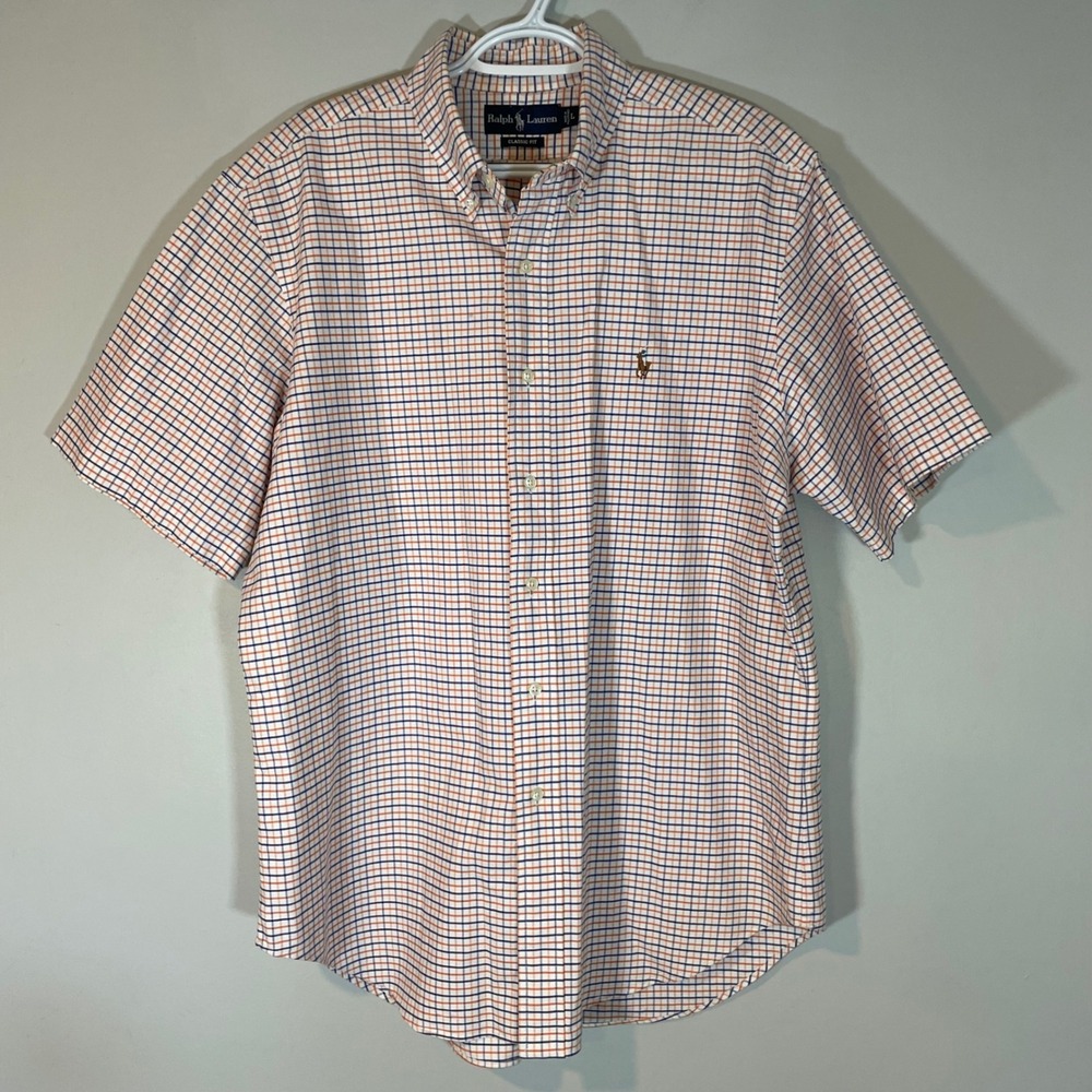 Ralph Lauren Mens Classic Fit Short Sleeve Tattersall Check Shirt Orange Navy L